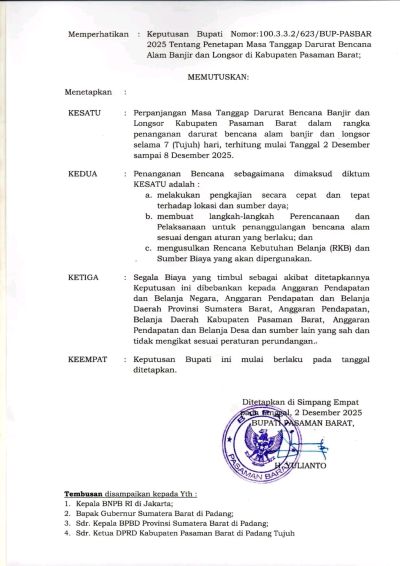 Bupati Pasaman Barat Perpanjang Masa Tanggap Darurat Bencana Banjir dan Longsor