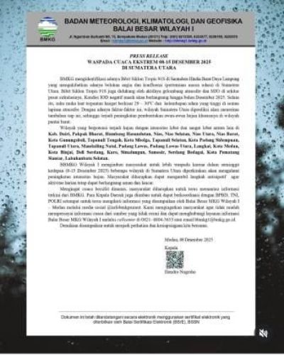 Waspada Cuaca Ekstrem 08-15 Desember 2025 di Sumut: BMKG Imbau Masyarakat Siaga
