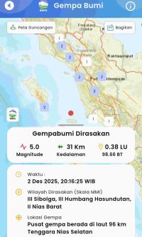 Gempa Nias Selatan Dirasakan di Sibolga, Humbahas dan Nias Barat
