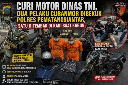 Curi Motor Dinas TNI, Dua Pelaku Curanmor Dibekuk Polres Pematangsiantar, Satu Ditembak di Kaki Saat Kabur