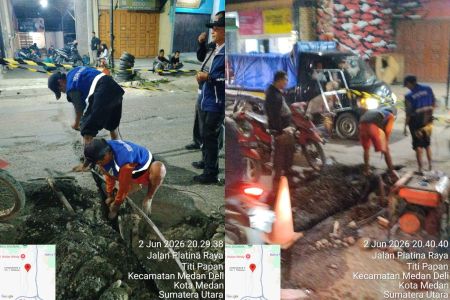Gerak Cepat Tirtanadi Perbaiki Pipa Pecah di Jalan Pelatina Raya
