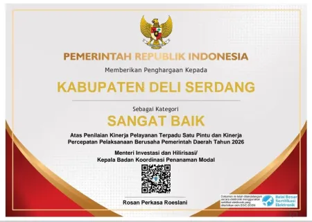 Kinerja Perizinan Deliserdang Raih Predikat Sangat Baik dari Menteri Investasi dan Hilirisasi